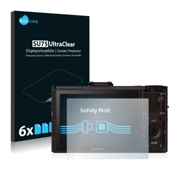 Vorderseite einer Produktverpackung mit dem Markenlogo Savvies. Daneben ist das Gerät Sony Cyber-Shot DSC-RX100 II mit dem zug