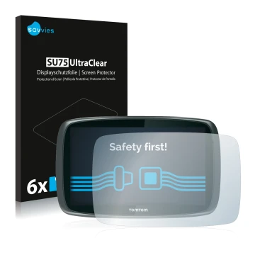 Vorderseite einer Produktverpackung mit dem Markenlogo Savvies. Daneben ist das Gerät TomTom GO 6000 mit dem zugehörigen Displ