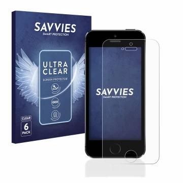 Vorderseite einer Produktverpackung mit dem Markenlogo Savvies. Daneben ist das Gerät Apple iPhone 5S mit dem zugehörigen Disp