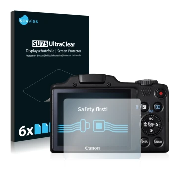 Vorderseite einer Produktverpackung mit dem Markenlogo Savvies. Daneben ist das Gerät Canon PowerShot SX510 HS mit dem zugehör