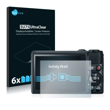 Vorderseite einer Produktverpackung mit dem Markenlogo Savvies. Daneben ist das Gerät Canon PowerShot S120 mit dem zugehörigen