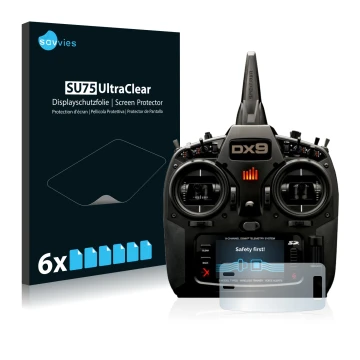 Vorderseite einer Produktverpackung mit dem Markenlogo Savvies. Daneben ist das Gerät Spektrum DX9 mit dem zugehörigen Display