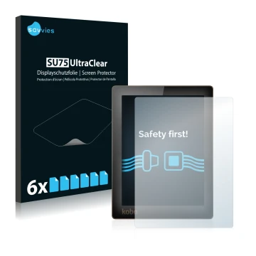 Vorderseite einer Produktverpackung mit dem Markenlogo Savvies. Daneben ist das Gerät Kobo Aura mit dem zugehörigen Displaysch