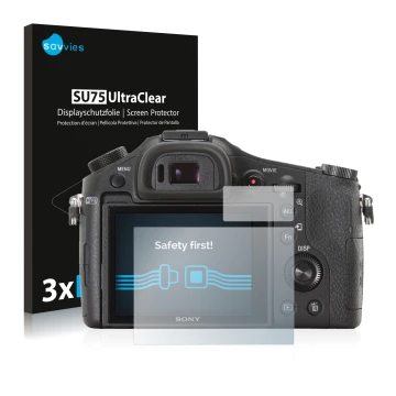 Vorderseite einer Produktverpackung mit dem Markenlogo Savvies. Daneben ist das Gerät Sony Cyber-Shot DSC-RX10 mit dem zugehör