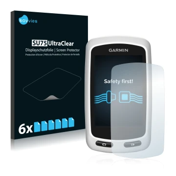 Vorderseite einer Produktverpackung mit dem Markenlogo Savvies. Daneben ist das Gerät Garmin Edge Touring Plus mit dem zugehör