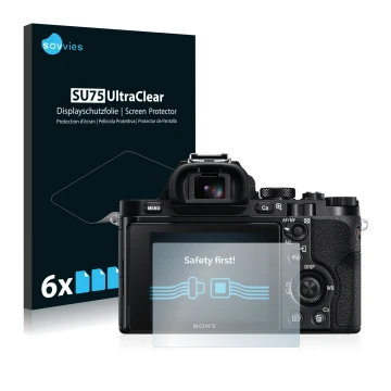 Vorderseite einer Produktverpackung mit dem Markenlogo Savvies. Daneben ist das Gerät Sony Alpha 7R (ILCE-7R) mit dem zugehöri