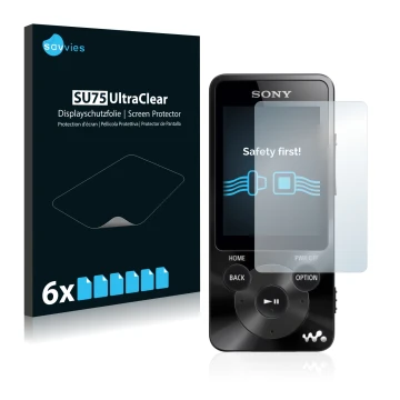 Vorderseite einer Produktverpackung mit dem Markenlogo Savvies. Daneben ist das Gerät Sony Walkman NWZ-E585 mit dem zugehörige