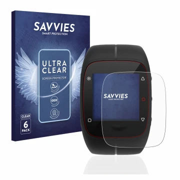 Vorderseite einer Produktverpackung mit dem Markenlogo Savvies. Daneben ist das Gerät Polar M400 mit dem zugehörigen Displaysc