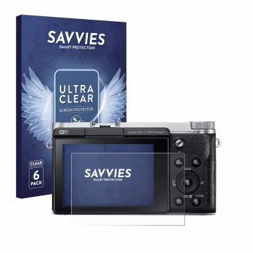Vorderseite einer Produktverpackung mit dem Markenlogo Savvies. Daneben ist das Gerät Samsung NX300M mit dem zugehörigen Displ