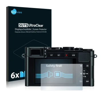 Vorderseite einer Produktverpackung mit dem Markenlogo Savvies. Daneben ist das Gerät Leica D-Lux (Typ 109) mit dem zugehörige