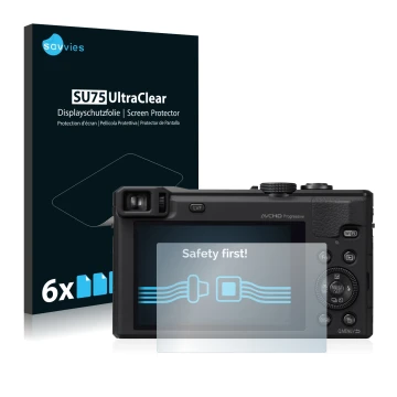 Vorderseite einer Produktverpackung mit dem Markenlogo Savvies. Daneben ist das Gerät Panasonic Lumix DMC-TZ61 mit dem zugehör