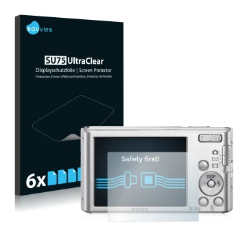Vorderseite einer Produktverpackung mit dem Markenlogo Savvies. Daneben ist das Gerät Sony Cyber-Shot DSC-W830 mit dem zugehör