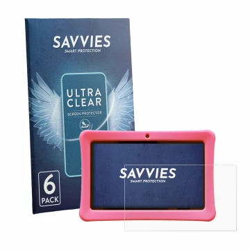 Vorderseite einer Produktverpackung mit dem Markenlogo Savvies. Daneben ist das Gerät Contixo Kids 7