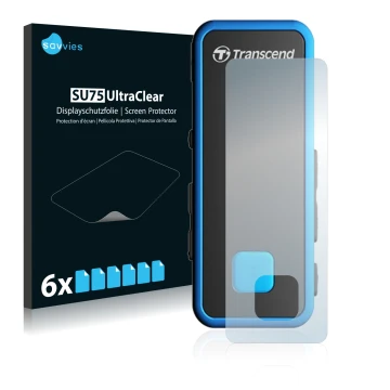 Vorderseite einer Produktverpackung mit dem Markenlogo Savvies. Daneben ist das Gerät Transcend MP350 mit dem zugehörigen Disp