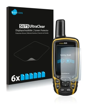 Vorderseite einer Produktverpackung mit dem Markenlogo Savvies. Daneben ist das Gerät Garmin GPSMAP 64 mit dem zugehörigen Dis