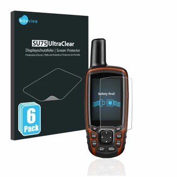 Vorderseite einer Produktverpackung mit dem Markenlogo Savvies. Daneben ist das Gerät Garmin GPSMAP 64s mit dem zugehörigen Di