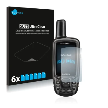 Vorderseite einer Produktverpackung mit dem Markenlogo Savvies. Daneben ist das Gerät Garmin GPSMAP 64st mit dem zugehörigen D