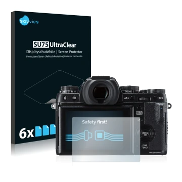 Vorderseite einer Produktverpackung mit dem Markenlogo Savvies. Daneben ist das Gerät Fujifilm X-T1 mit dem zugehörigen Displa