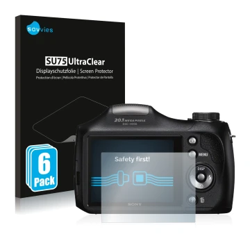 Vorderseite einer Produktverpackung mit dem Markenlogo Savvies. Daneben ist das Gerät Sony Cyber-Shot DSC-H300 mit dem zugehör