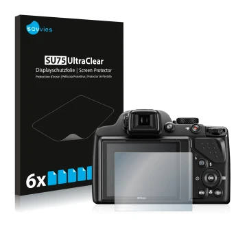 Vorderseite einer Produktverpackung mit dem Markenlogo Savvies. Daneben ist das Gerät Nikon Coolpix P530 mit dem zugehörigen D