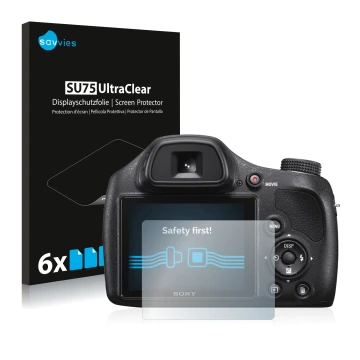 Vorderseite einer Produktverpackung mit dem Markenlogo Savvies. Daneben ist das Gerät Sony Cyber-Shot DSC-H400 mit dem zugehör