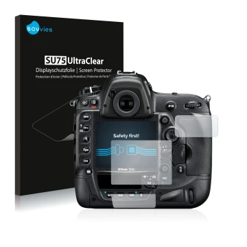 Vorderseite einer Produktverpackung mit dem Markenlogo Savvies. Daneben ist das Gerät Nikon D4S mit dem zugehörigen Displaysch