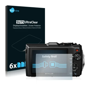 Vorderseite einer Produktverpackung mit dem Markenlogo Savvies. Daneben ist das Gerät Olympus Stylus Tough TG-3 mit dem zugehö