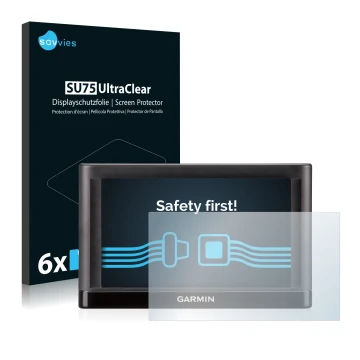 Vorderseite einer Produktverpackung mit dem Markenlogo Savvies. Daneben ist das Gerät Garmin nüvi 55LT mit dem zugehörigen Dis