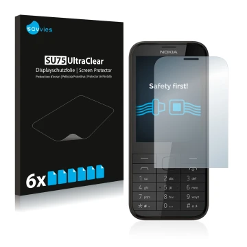 Vorderseite einer Produktverpackung mit dem Markenlogo Savvies. Daneben ist das Gerät Nokia 225 mit dem zugehörigen Displaysch