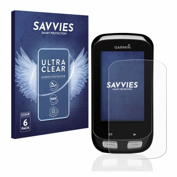 Vorderseite einer Produktverpackung mit dem Markenlogo Savvies. Daneben ist das Gerät Garmin Edge 1000 mit dem zugehörigen Dis