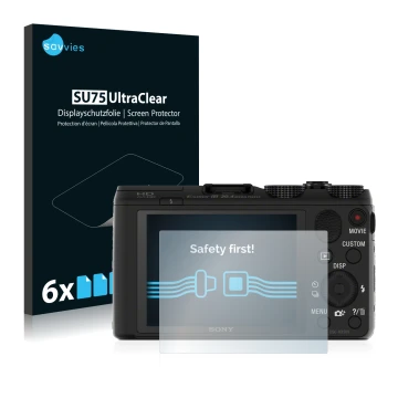 Vorderseite einer Produktverpackung mit dem Markenlogo Savvies. Daneben ist das Gerät Sony Cyber-Shot DSC-HX50 mit dem zugehör