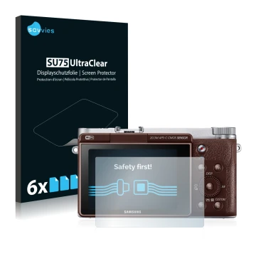 Vorderseite einer Produktverpackung mit dem Markenlogo Savvies. Daneben ist das Gerät Samsung NX3000 mit dem zugehörigen Displ