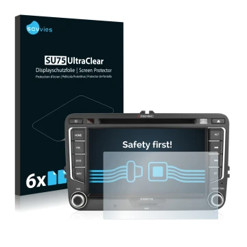 Vorderseite einer Produktverpackung mit dem Markenlogo Savvies. Daneben ist das Gerät Zenec Z-E2015 mit dem zugehörigen Displa