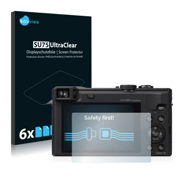 Vorderseite einer Produktverpackung mit dem Markenlogo Savvies. Daneben ist das Gerät Panasonic Lumix DMC-TZ60 mit dem zugehör