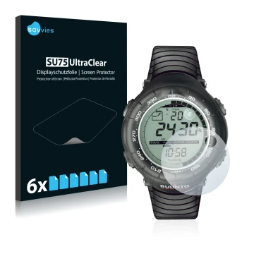 Vorderseite einer Produktverpackung mit dem Markenlogo Savvies. Daneben ist das Gerät Suunto Vector Black mit dem zugehörigen 