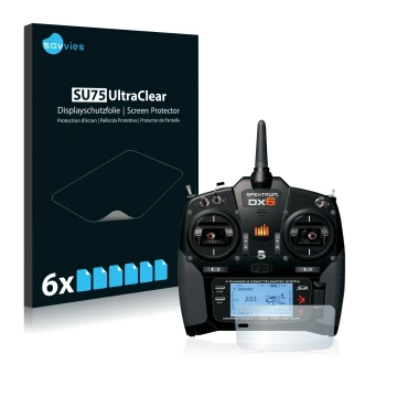 Vorderseite einer Produktverpackung mit dem Markenlogo Savvies. Daneben ist das Gerät Spektrum DX6 mit dem zugehörigen Display