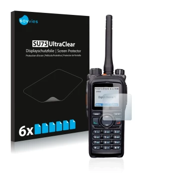 Vorderseite einer Produktverpackung mit dem Markenlogo Savvies. Daneben ist das Gerät Hytera PD785 mit dem zugehörigen Display