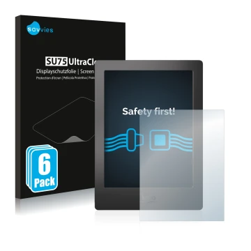 Vorderseite einer Produktverpackung mit dem Markenlogo Savvies. Daneben ist das Gerät Kobo Aura H2O mit dem zugehörigen Displa