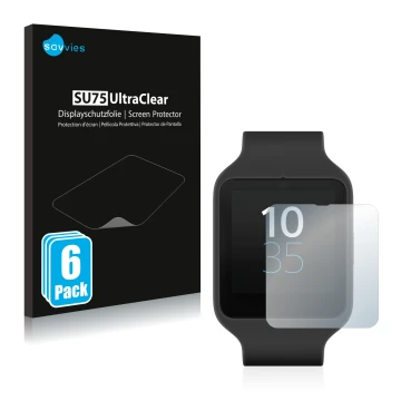 Vorderseite einer Produktverpackung mit dem Markenlogo Savvies. Daneben ist das Gerät Sony Smartwatch 3 SWR50 mit dem zugehöri