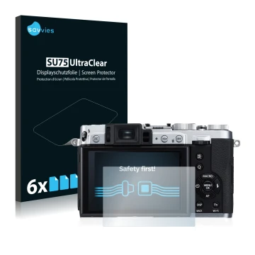 Vorderseite einer Produktverpackung mit dem Markenlogo Savvies. Daneben ist das Gerät Fujifilm X30 mit dem zugehörigen Display