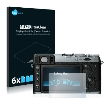 Vorderseite einer Produktverpackung mit dem Markenlogo Savvies. Daneben ist das Gerät Fujifilm X100T mit dem zugehörigen Displ