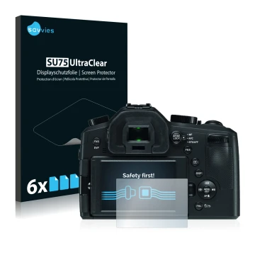 Vorderseite einer Produktverpackung mit dem Markenlogo Savvies. Daneben ist das Gerät Leica V-LUX (Typ 114) mit dem zugehörige