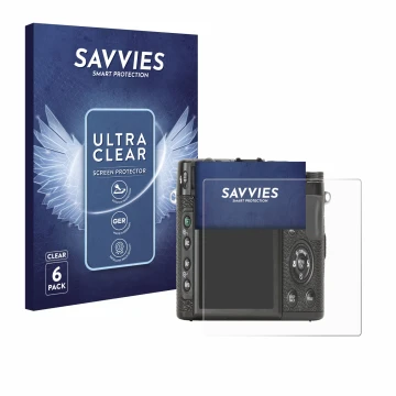 Vorderseite einer Produktverpackung mit dem Markenlogo Savvies. Daneben ist das Gerät Fujifilm X10 mit dem zugehörigen Display