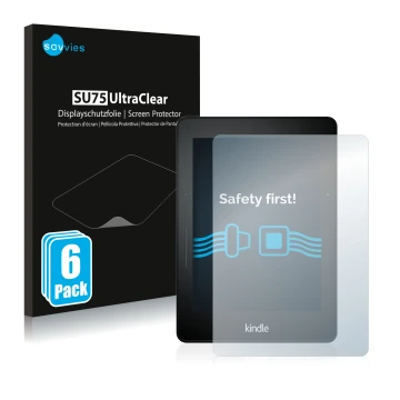 Vorderseite einer Produktverpackung mit dem Markenlogo Savvies. Daneben ist das Gerät Amazon Kindle Voyage mit dem zugehörigen