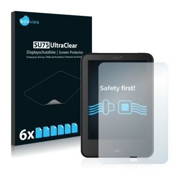 Vorderseite einer Produktverpackung mit dem Markenlogo Savvies. Daneben ist das Gerät Tolino Vision 2 mit dem zugehörigen Disp