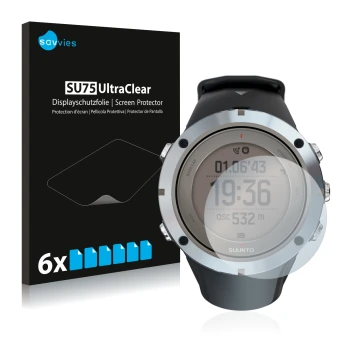 Vorderseite einer Produktverpackung mit dem Markenlogo Savvies. Daneben ist das Gerät Suunto Ambit3 Peak Sapphire mit dem zuge