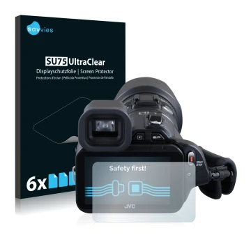 Vorderseite einer Produktverpackung mit dem Markenlogo Savvies. Daneben ist das Gerät JVC GC-PX100BEU mit dem zugehörigen Disp