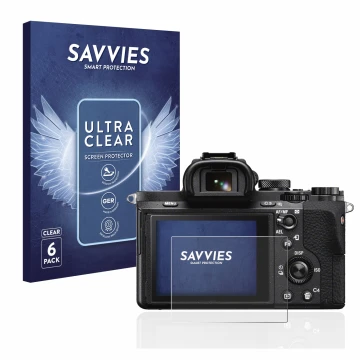 Vorderseite einer Produktverpackung mit dem Markenlogo Savvies. Daneben ist das Gerät Sony Alpha 7 II (ILCE-7M2) mit dem zugeh