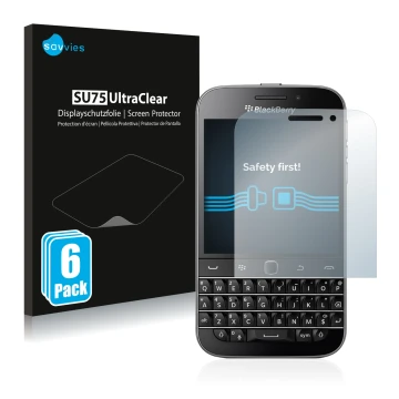Vorderseite einer Produktverpackung mit dem Markenlogo Savvies. Daneben ist das Gerät Blackberry Classic Q20 mit dem zugehörig