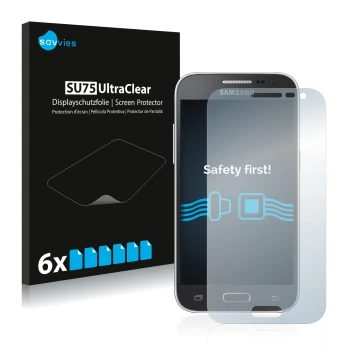 Vorderseite einer Produktverpackung mit dem Markenlogo Savvies. Daneben ist das Gerät Samsung Galaxy Core Prime G360 mit dem z